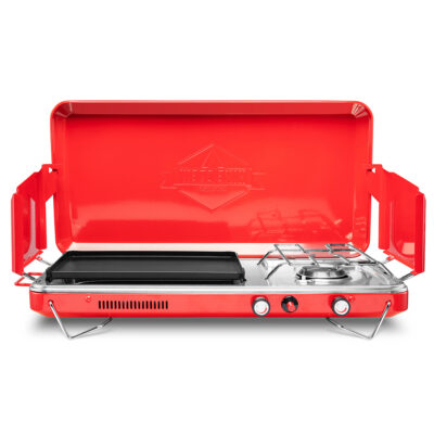 2-in-1 Portable Gas Camping Stove Burner and Griddle with Integrated Igniter and Drip Tray