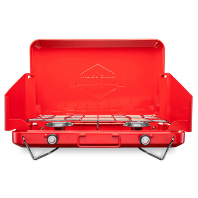 Portable Dual Propane Burner Camping Stove with Built-In Carrying Handle, Foldable Legs, and Wind Panels