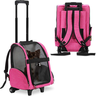 KOPEKS Deluxe Backpack Pet Travel Carrier with Wheels – Heather Pink – Approved by Most Airlines